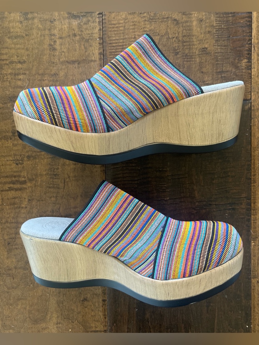 Charleston Shoe Company multicolored striped platform clogs w 3” wedge heels.